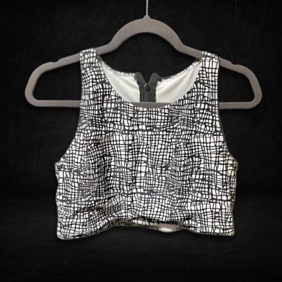 High-Neck Crop Bikini Top Zipper Back Bold Graphic Print Black White Women's 12 - Picture 1 of 2